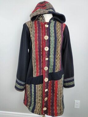 Leopards & Roses Long Fleece Jacket Hooded Coat Patchwork Boho Artsy Size L